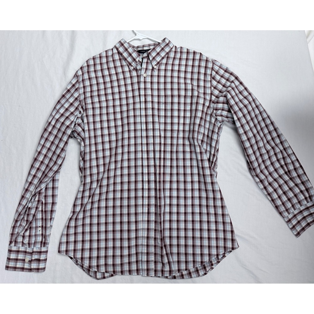 Dockers Mens Large Classic Fit Plaid Button Down Shirt Maroon Blue Stain Defend